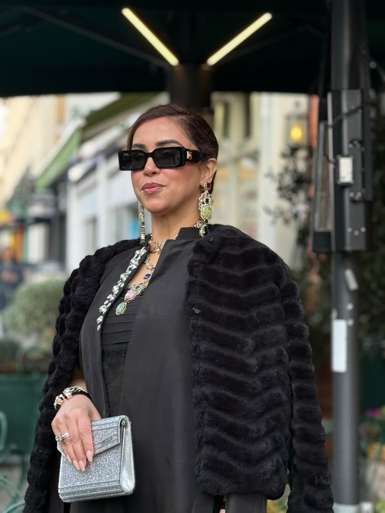 Black fur coat sunglasses street style