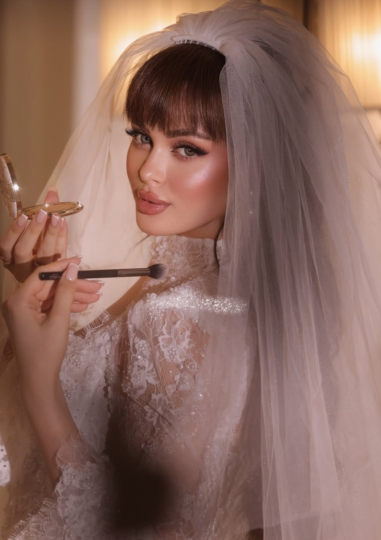 Bride veil lip makeup application
