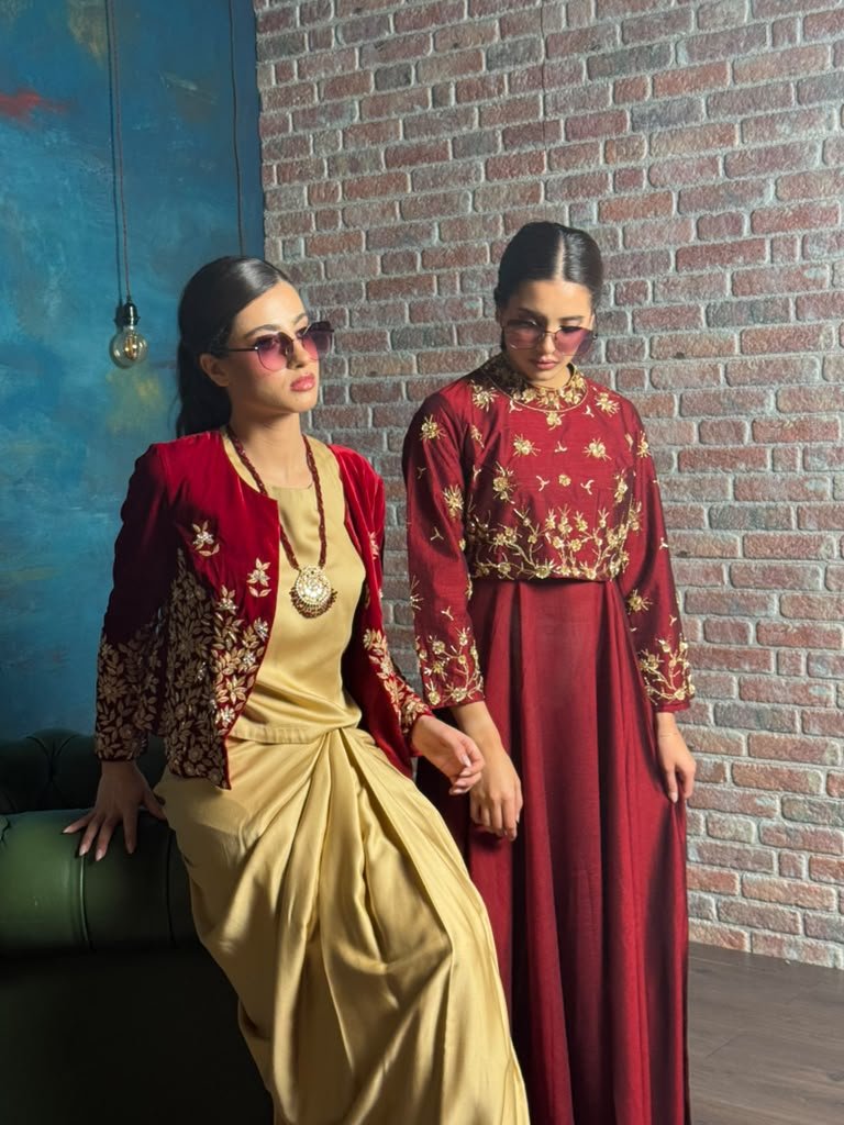 Red gold velvet outfits brick backdrop 2