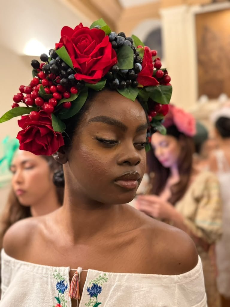 Red rose floral crown backstage