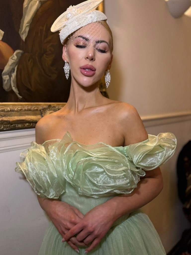 Sage gown pearl fascinator 1