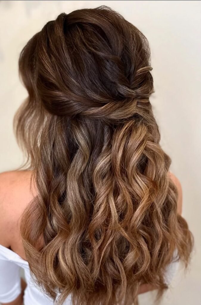 Half Up Curled Balayage Hair Front