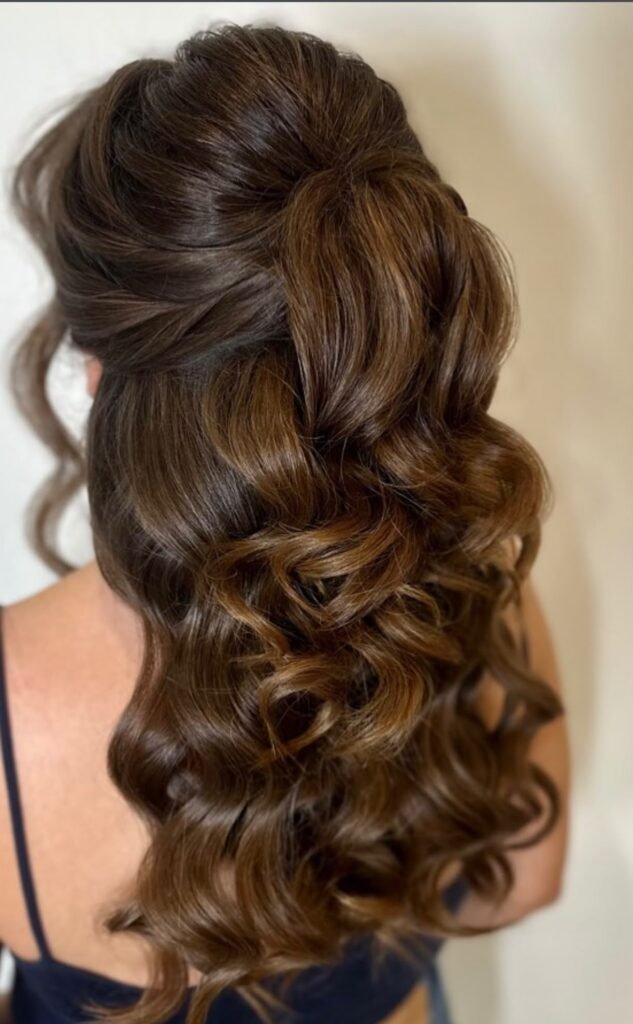 Half Up Curls Brunette Back View