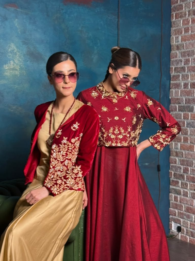 Red Gold Velvet Outfits Brick Backdrop
