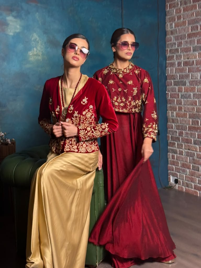 Red Gold Velvet Outfits Brick Backdrop