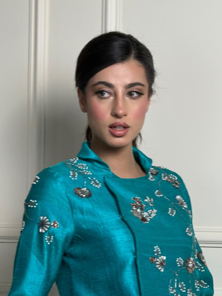 Teal Embroidered Outfit Closeup Portrait