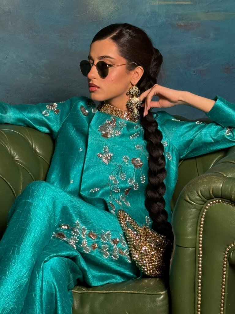 Teal Embroidered Outfit Green Armchair