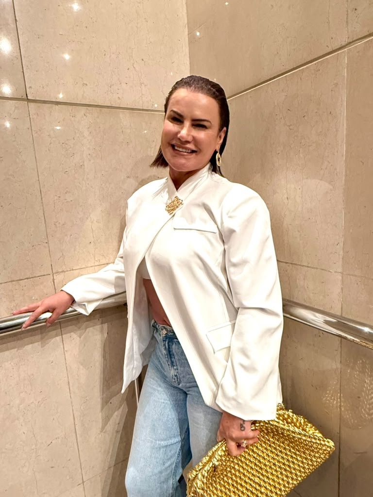 White Blouse Jeans Gold Clutch
